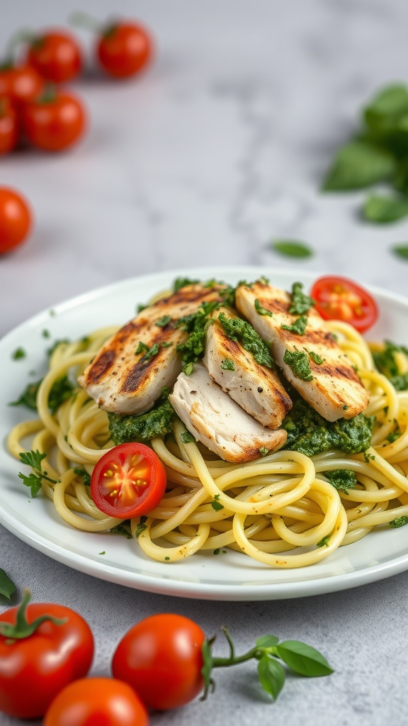 Plate of zucchini noodles topped with pesto and grilled chicken, garnished with cherry tomatoes.