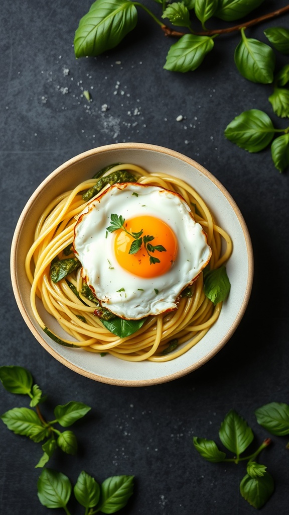 A bowl of zucchini noodles topped with a fried egg and basil leaves.