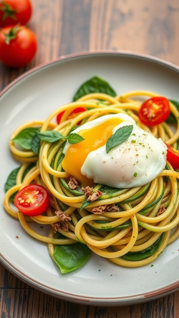 Plate of zucchini noodles with pesto, topped with a poached egg and cherry tomatoes.