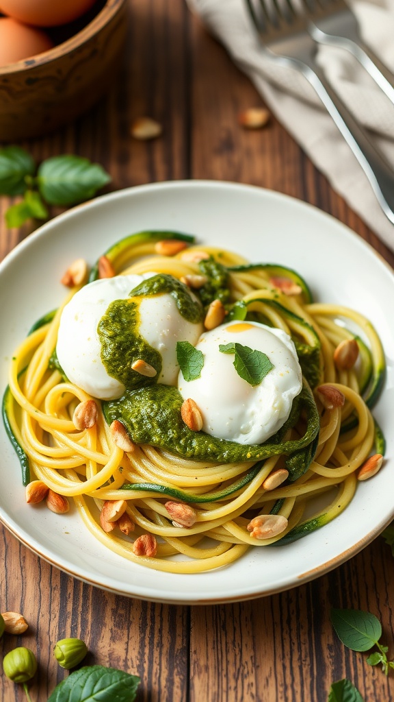 Zucchini noodles topped with pesto and poached eggs on a plate