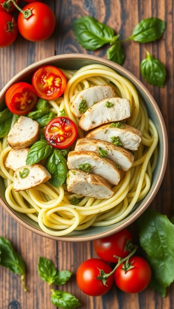 A plate of zucchini noodles topped with pesto, grilled chicken, and cherry tomatoes.