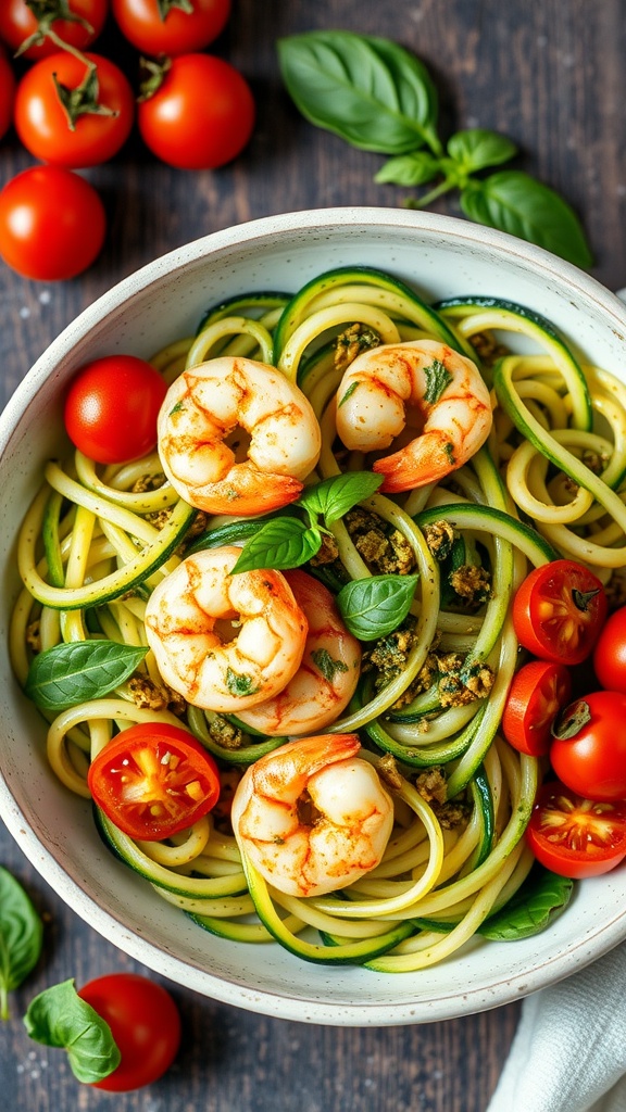 A bowl of zucchini noodles topped with pesto and shrimp, garnished with cherry tomatoes.