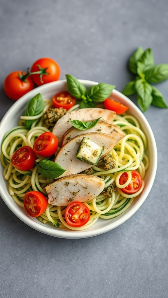 A plate of zucchini noodles topped with pesto chicken and cherry tomatoes.