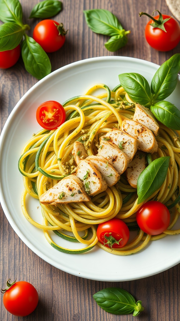 A plate of zucchini noodles topped with pesto chicken and cherry tomatoes.