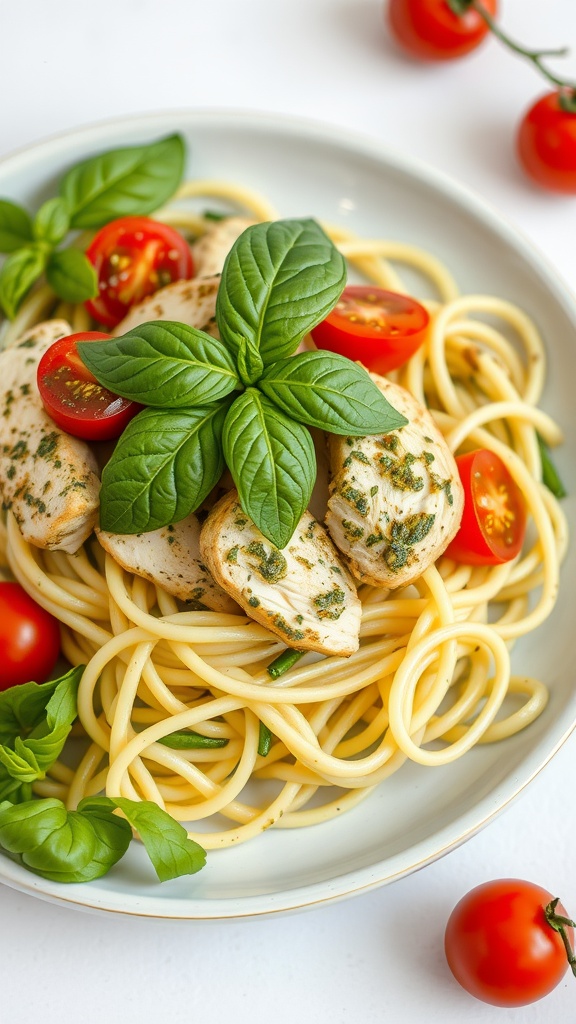 A plate of zucchini noodles topped with pesto chicken and cherry tomatoes.