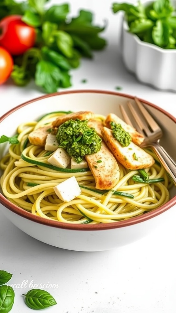 A bowl of zucchini noodles topped with pesto chicken and fresh basil.