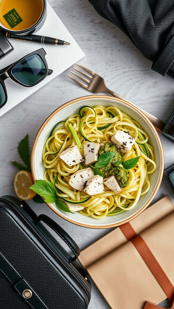 A bowl of zucchini noodles with pesto and chicken, surrounded by travel essentials.
