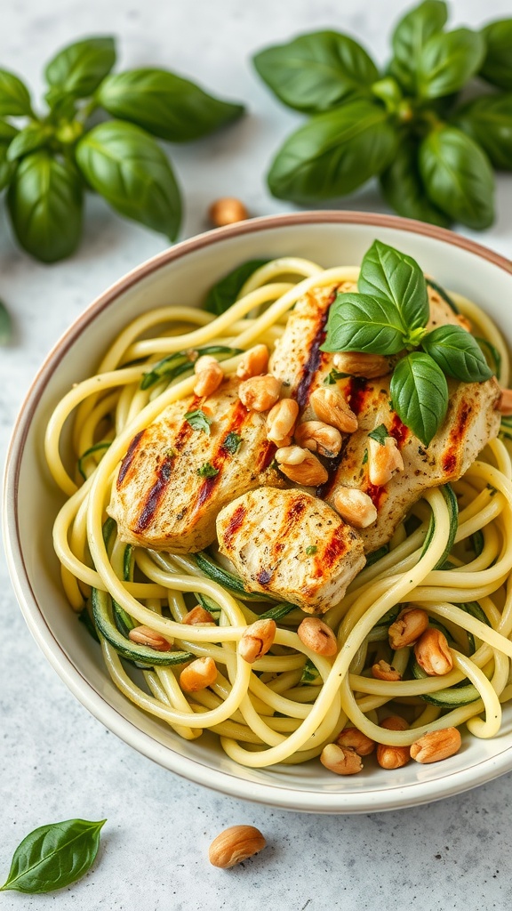 A bowl of zucchini noodles topped with grilled chicken, pesto, and chopped nuts, garnished with fresh basil.