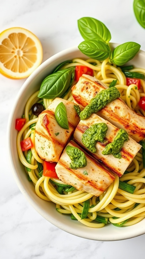 A bowl of zucchini noodles topped with grilled chicken and pesto sauce, garnished with fresh basil leaves.