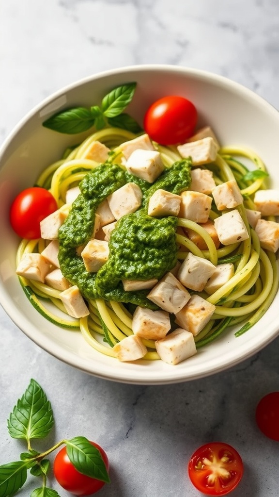 A bowl of zucchini noodles topped with pesto sauce and cubed chicken, garnished with cherry tomatoes and basil leaves.