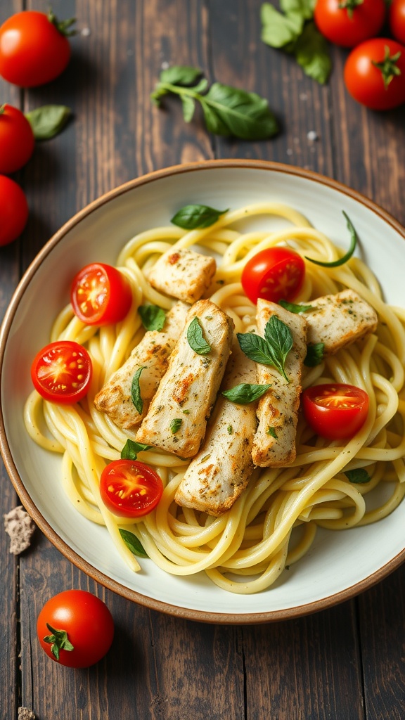 A bowl of zucchini noodles topped with pesto chicken and cherry tomatoes.