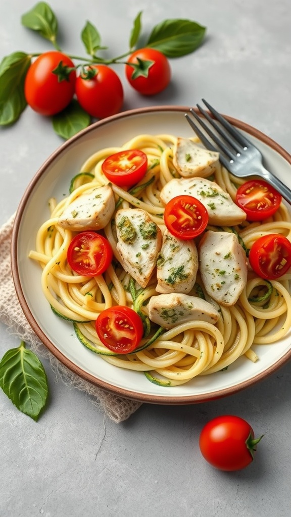 A plate of zucchini noodles topped with pesto chicken and cherry tomatoes, garnished with basil.
