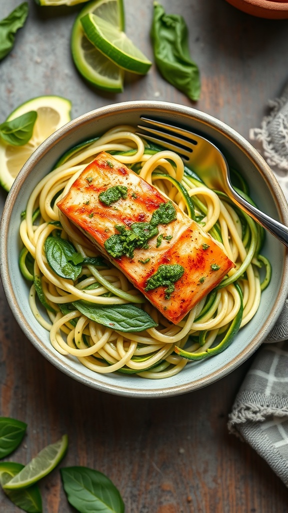 A bowl of zucchini noodles topped with a piece of pesto salmon, garnished with fresh basil and lemon slices.