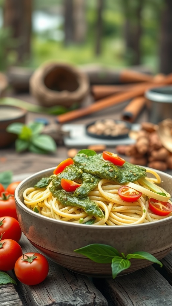 A bowl of zucchini noodles topped with pesto sauce and cherry tomatoes, set on a rustic wooden table.