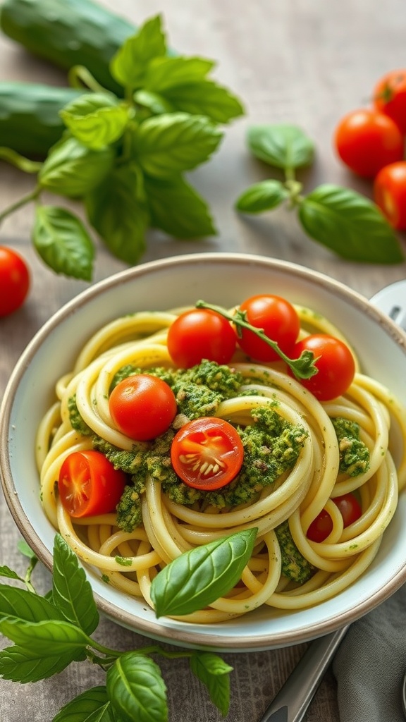 A bowl of zucchini noodles topped with pesto sauce, cherry tomatoes, and fresh basil.