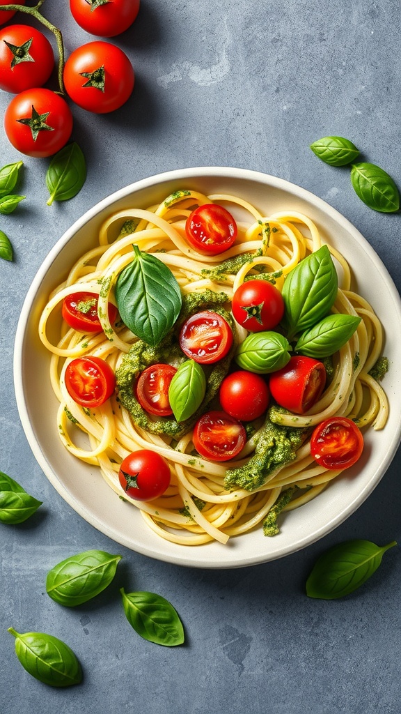 Bowl of zucchini noodles with pesto sauce, cherry tomatoes, and fresh basil leaves