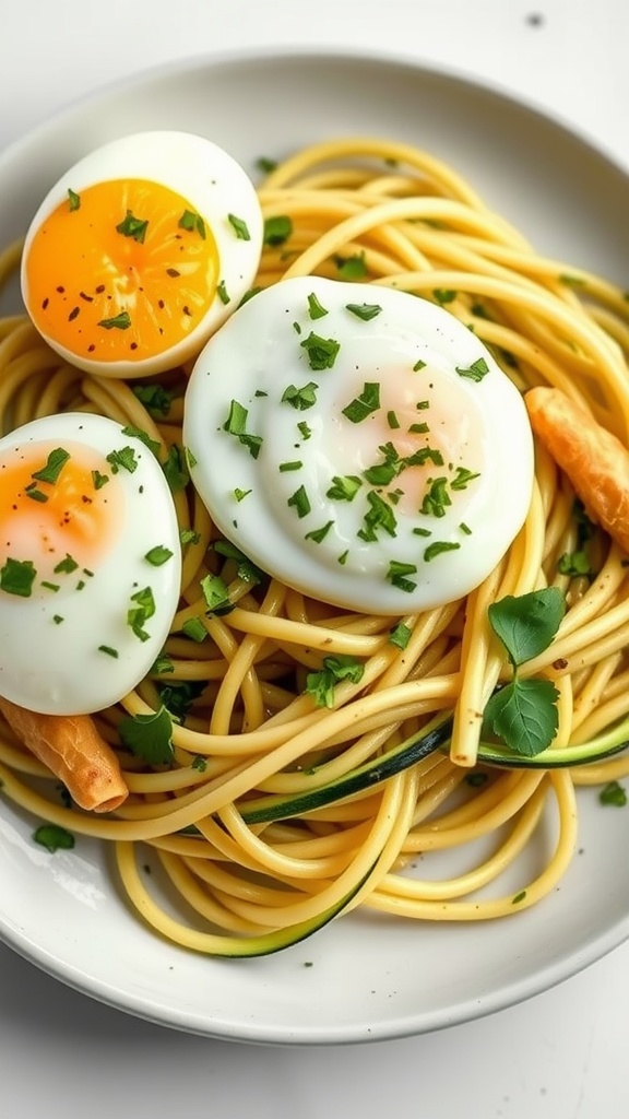 A plate of zucchini noodles topped with poached eggs and herbs