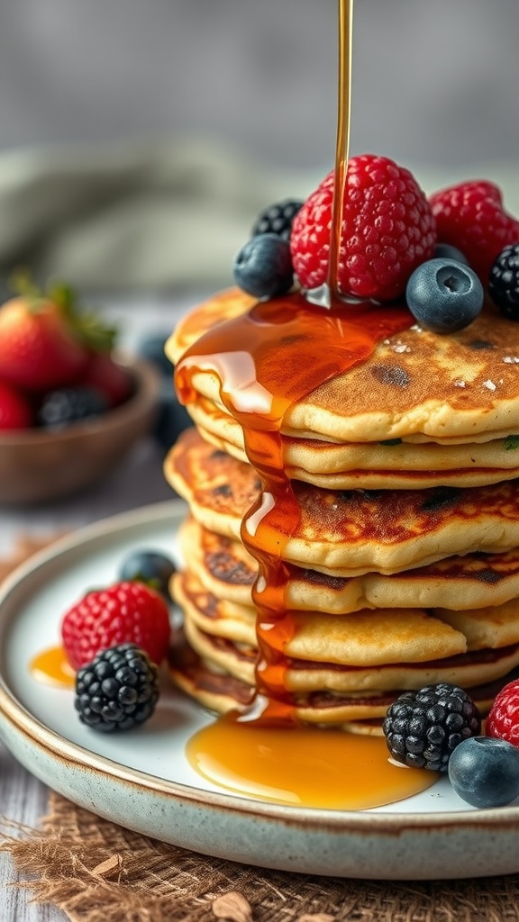 A stack of zucchini pancakes topped with syrup, raspberries, blueberries, and blackberries.