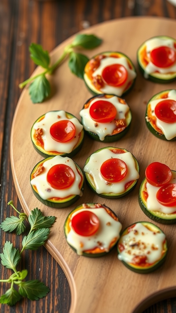 Zucchini pizza bites topped with cheese and pepperoni on a white plate.