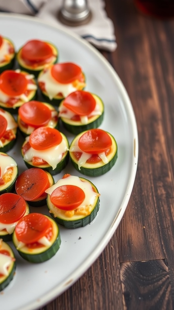 A plate of zucchini pizza bites topped with cheese and pepperoni