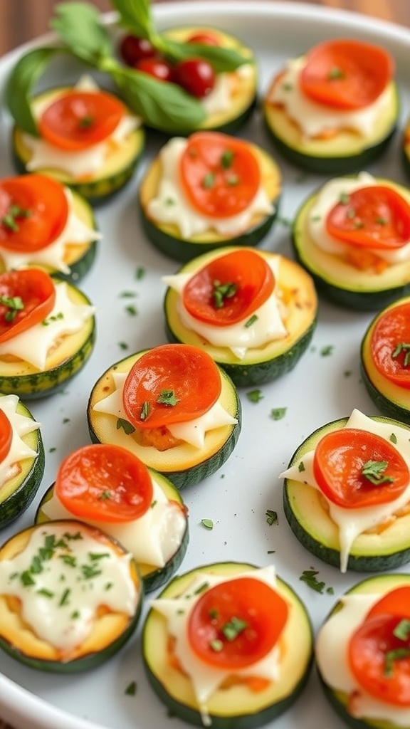 A plate of zucchini pizza bites topped with cheese and pepperoni