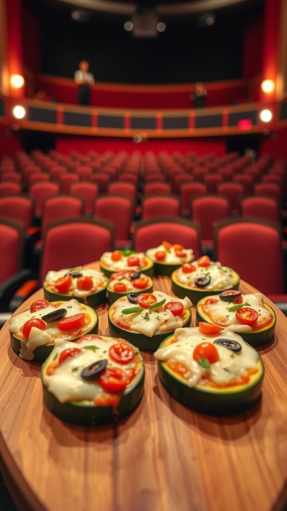 A platter of zucchini pizza bites topped with cheese, tomatoes, and olives