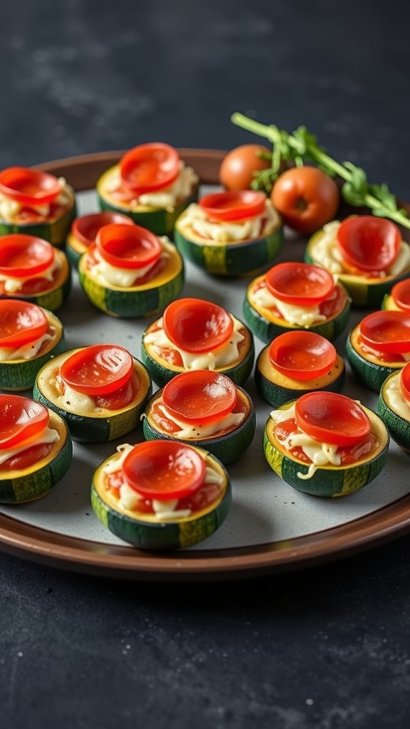 A plate of zucchini pizza bites topped with sauce, cheese, and pepperoni.