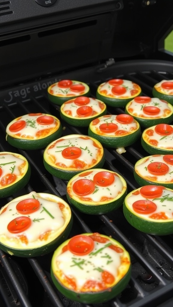 Grilled zucchini slices topped with cheese and tomatoes on a grill