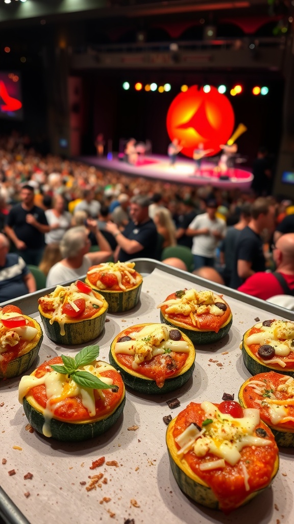 A tray of zucchini pizza bites with melted cheese and toppings, set in front of a concert stage.