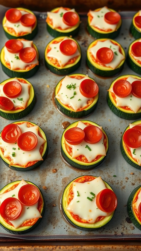 Baked zucchini slices topped with tomato sauce, melted cheese, and pepperoni.