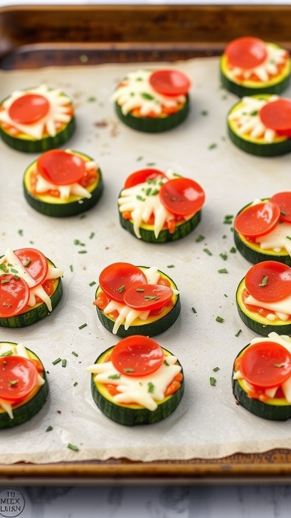 A tray of zucchini pizza bites topped with cheese and pepperoni.