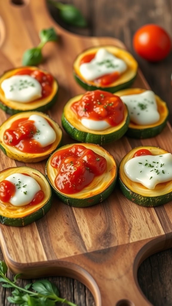 Zucchini pizza bites topped with marinara sauce and cheese on a wooden cutting board.