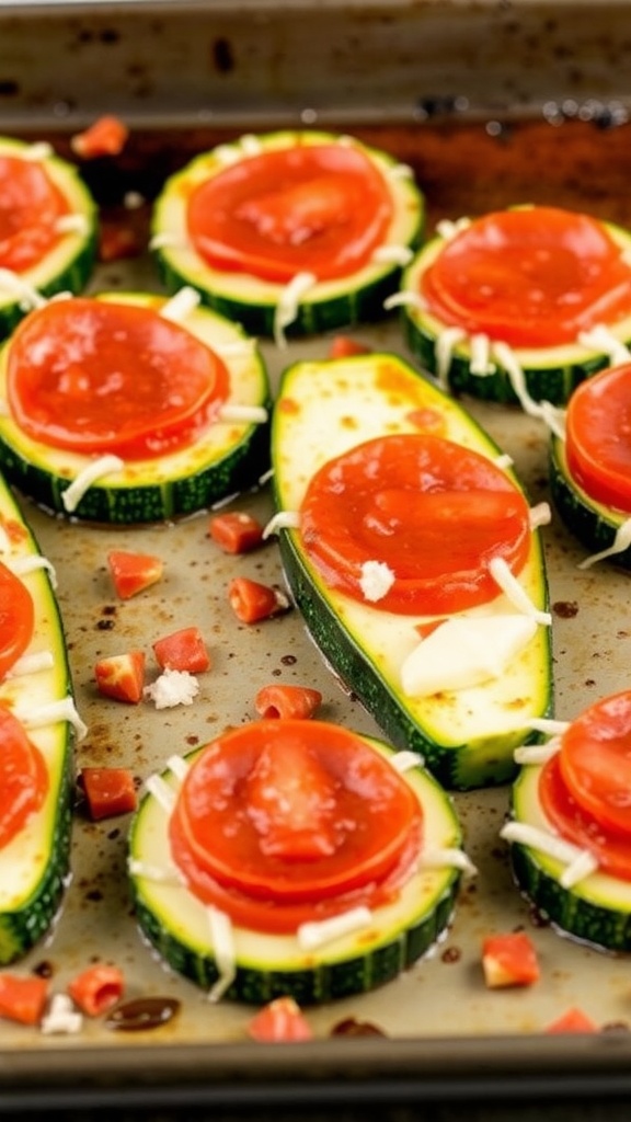 Zucchini slices topped with sauce, cheese, and pepperoni arranged on a baking sheet.