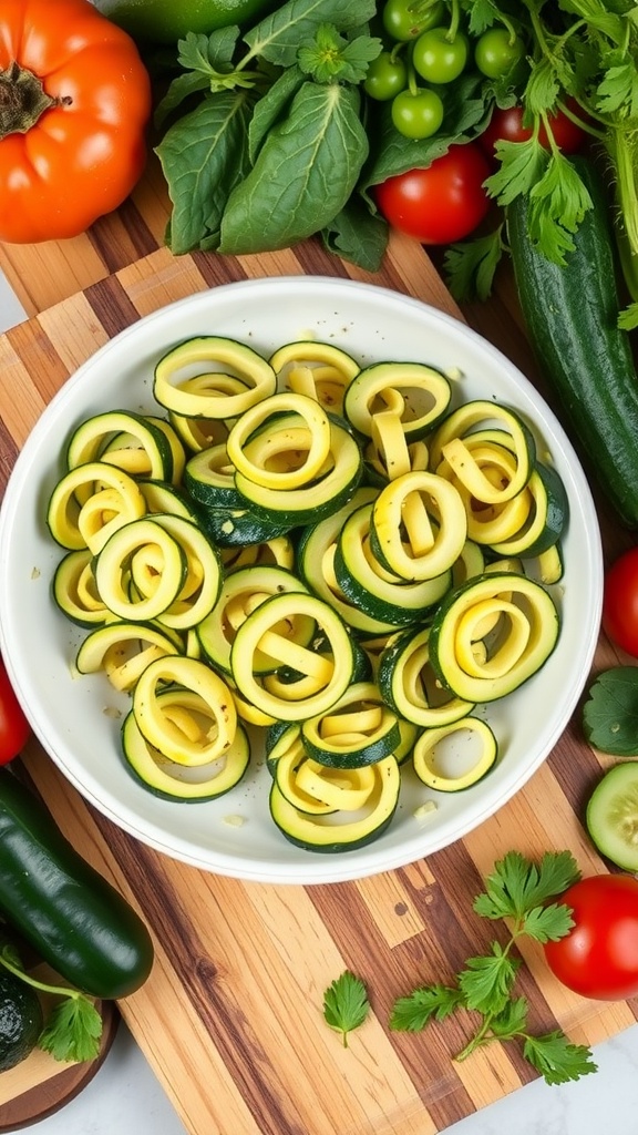 A bowl of zucchini spirals surrounded by fresh vegetables.