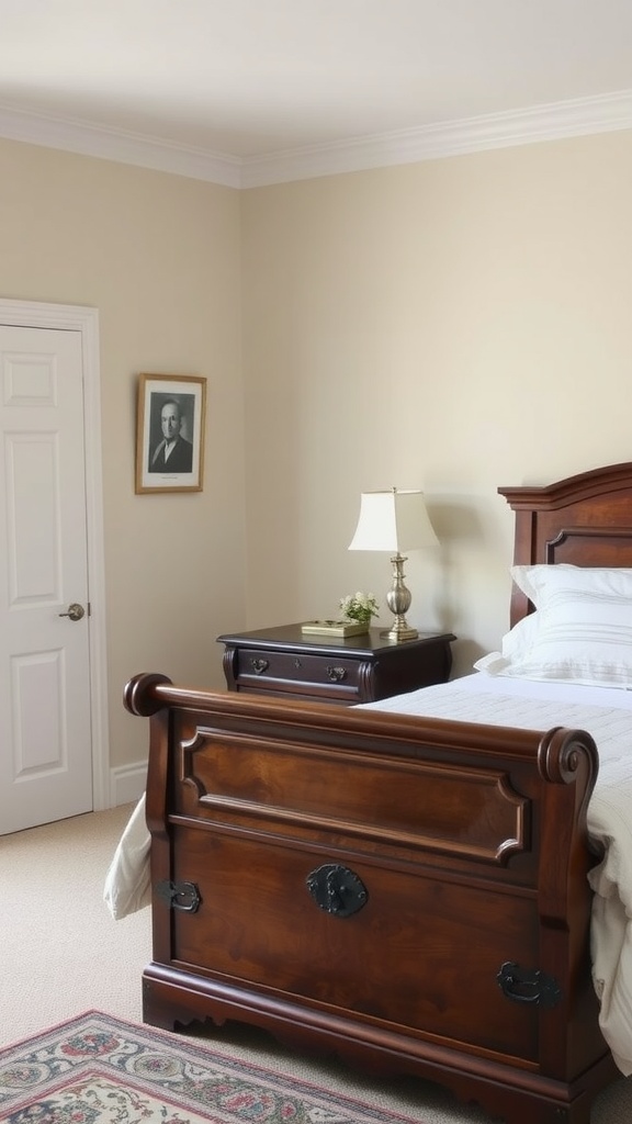 Traditional bedroom featuring a wooden antique chest at the foot of the bed.