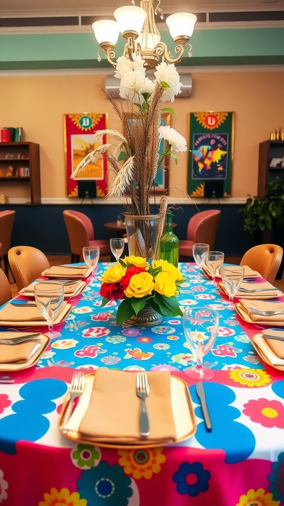 Colorful dining table with a floral tablecloth and a bright centerpiece featuring roses.