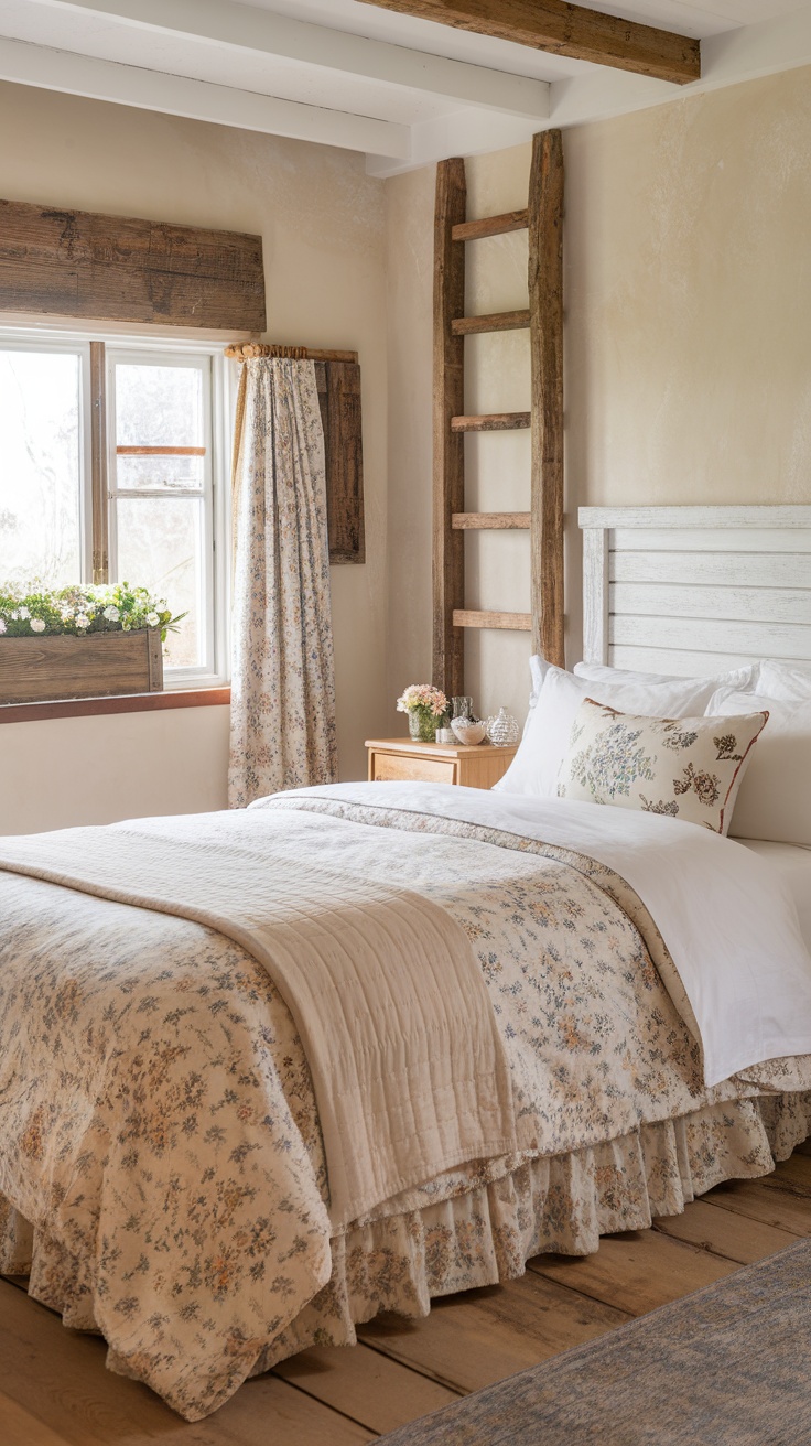 A cozy bedroom featuring floral bedding, wooden accents, and a window box with flowers.