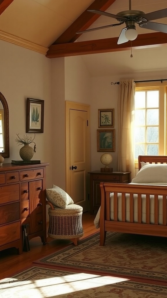 Cozy bedroom featuring Shaker-style furniture with wooden dresser and bed, warm sunlight, and decorative accessories.