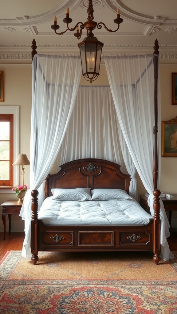 A wooden bed with sheer white curtains, creating a cozy bedroom atmosphere