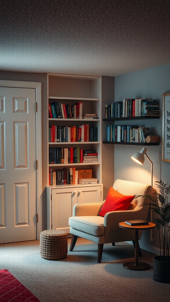 A cozy reading nook in a finished basement with a comfortable chair, bookshelf filled with books, and a lamp.