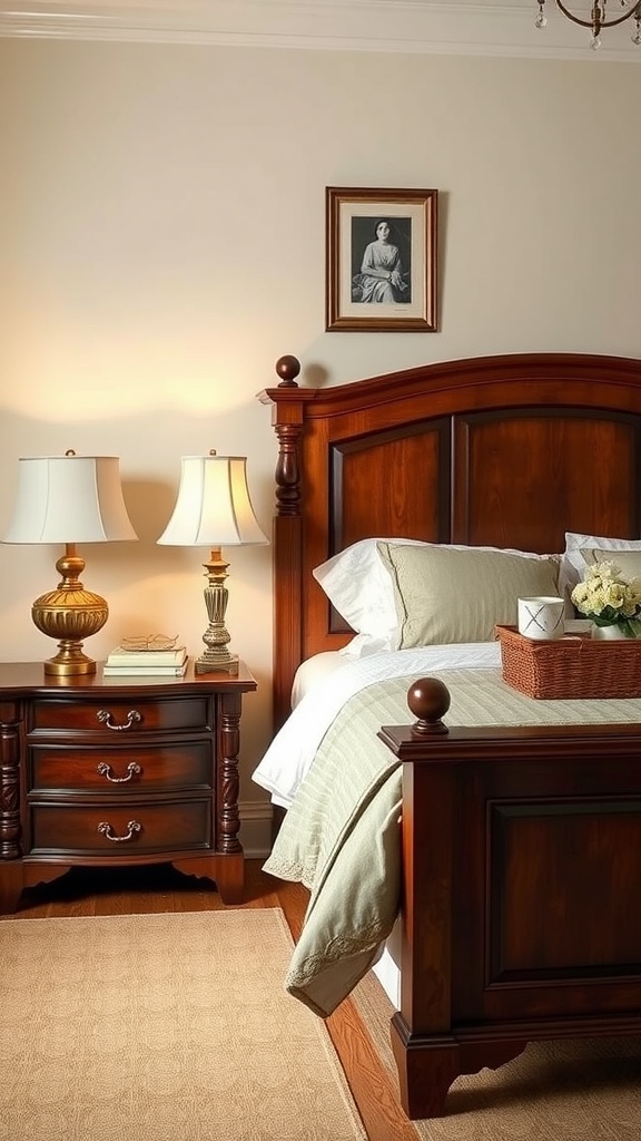 Traditional bedroom featuring a wooden bedside table with a lamp and decorative items.