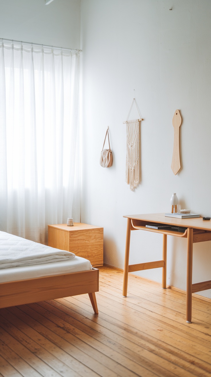 A simple Scandinavian-style bedroom featuring light wood furniture, sheer curtains, and minimal decor.