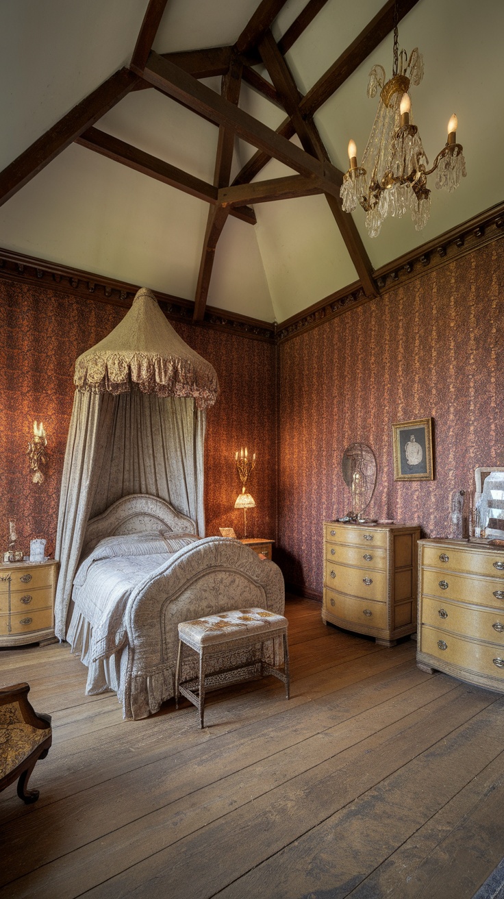 A Victorian-style bedroom featuring a canopied bed, ornate dressers, and a chandelier.