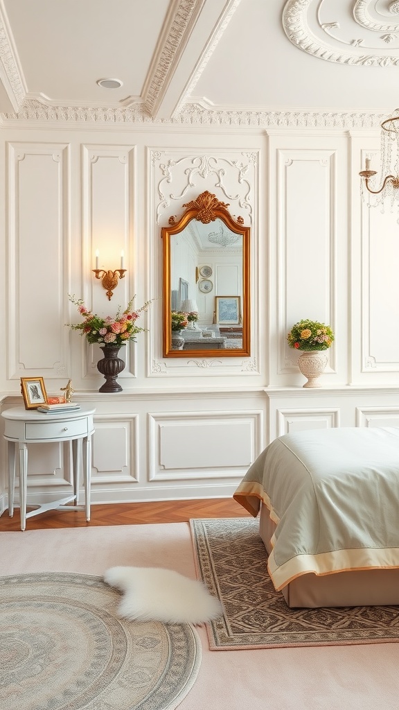 A beautifully designed bedroom featuring classic wainscoting, a mirror, floral arrangements, and soft textiles.