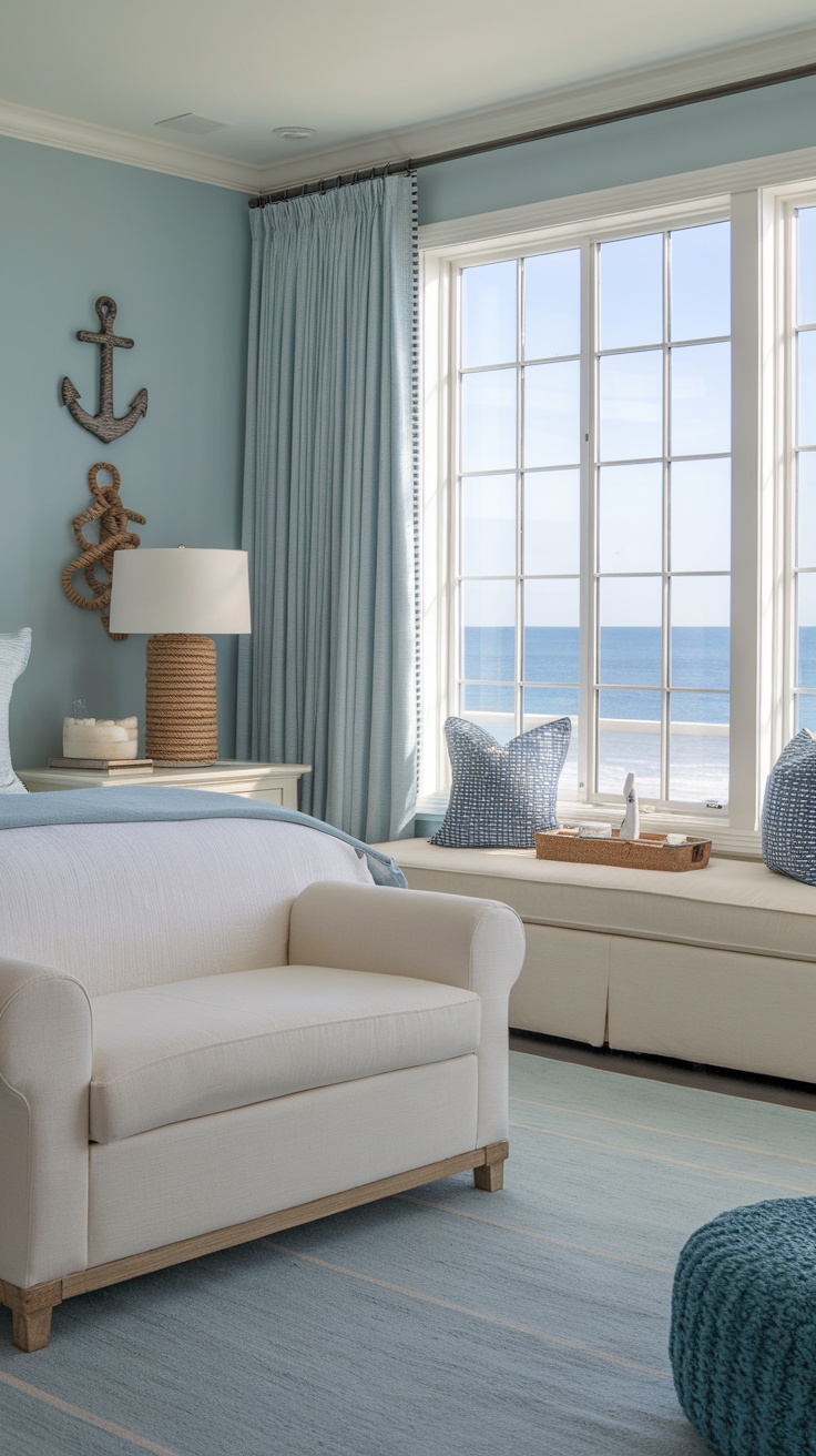 Coastal bedroom with blue walls, white sofa, and ocean view