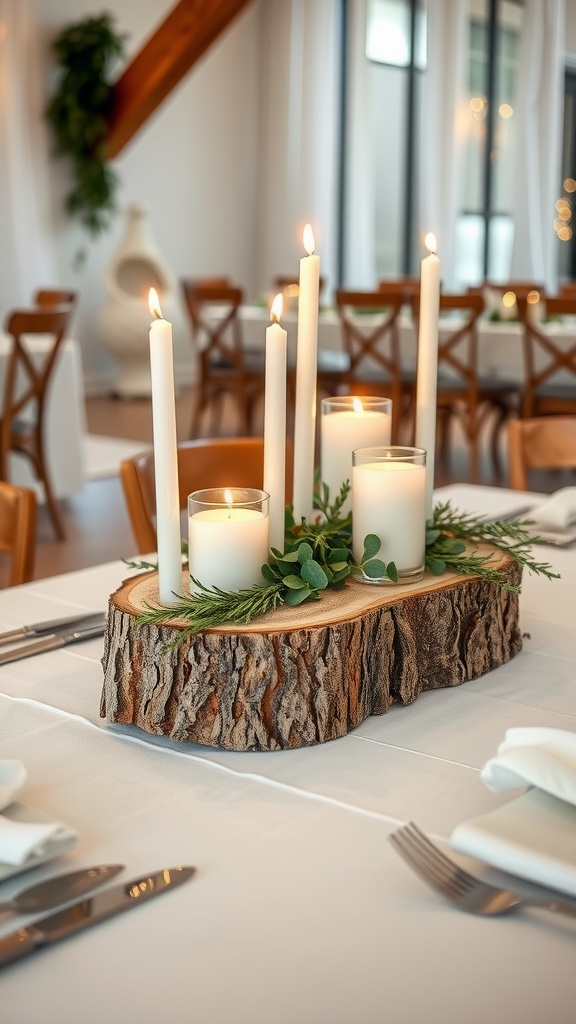 Wood slice centerpiece with candles and greenery on a dining table