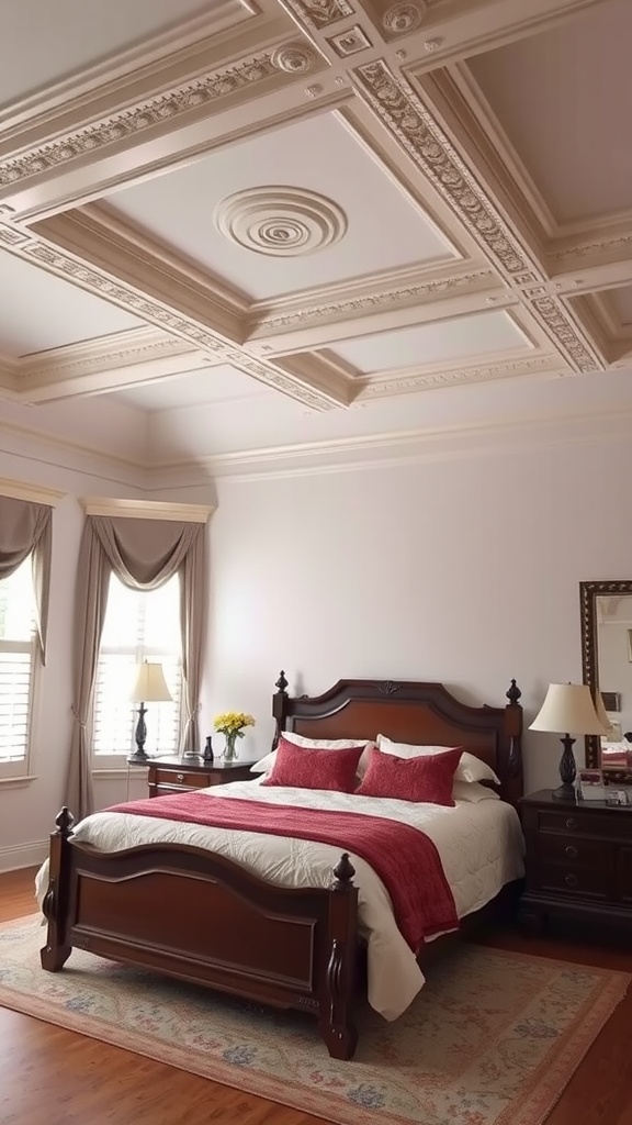 A beautifully decorated bedroom featuring intricate crown molding and a coffered ceiling.