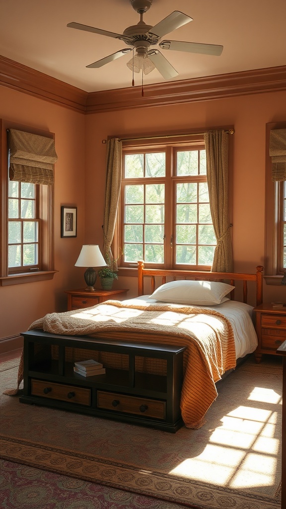 A serene bedroom featuring earthy colors, wooden furniture, and natural light.