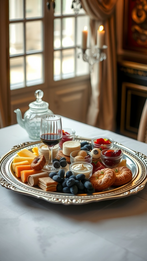 A silver tray with cheeses, pastries, fruits, and a glass of red wine set on a dining table.