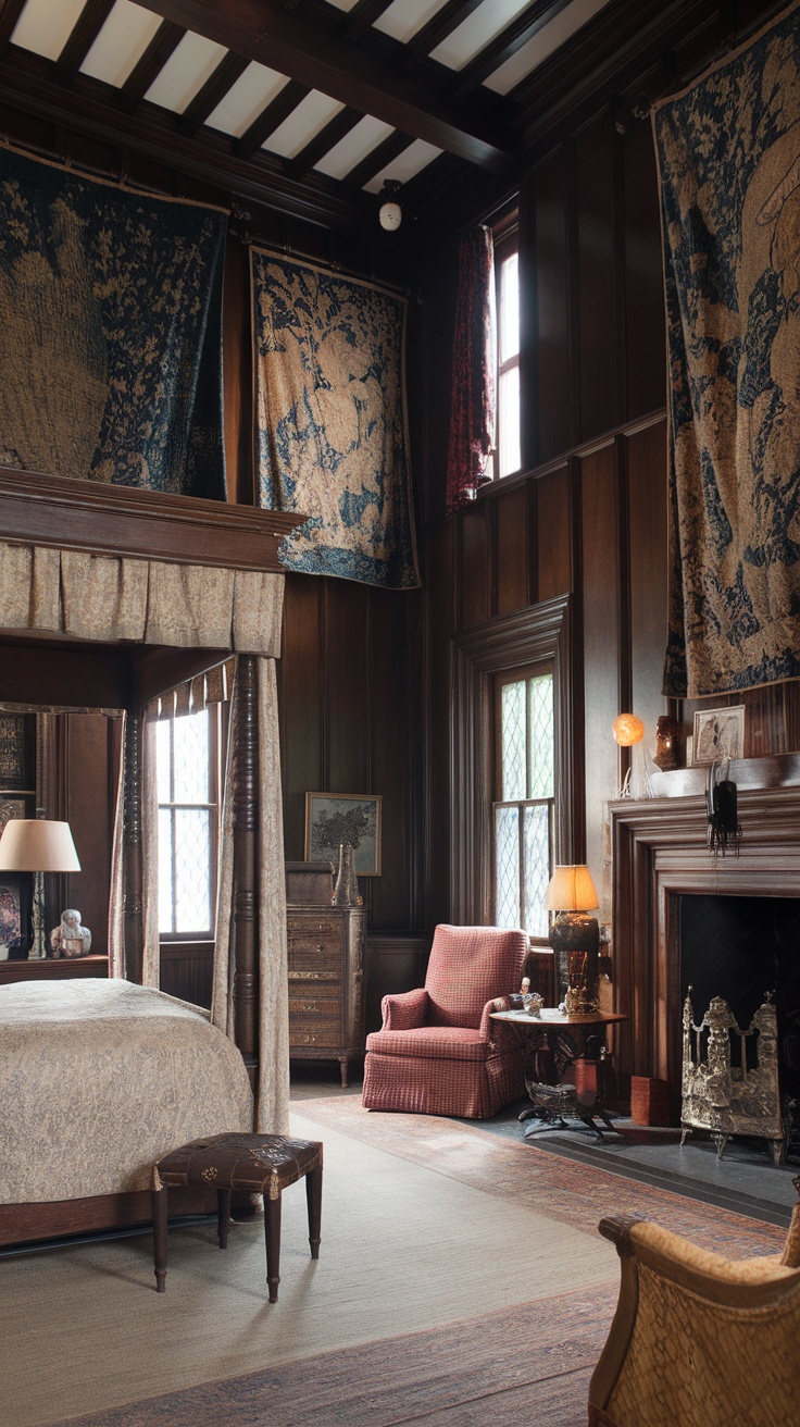 A cozy Tudor-style bedroom featuring dark wood paneling, a four-poster bed, antique furniture, and ornate tapestries.